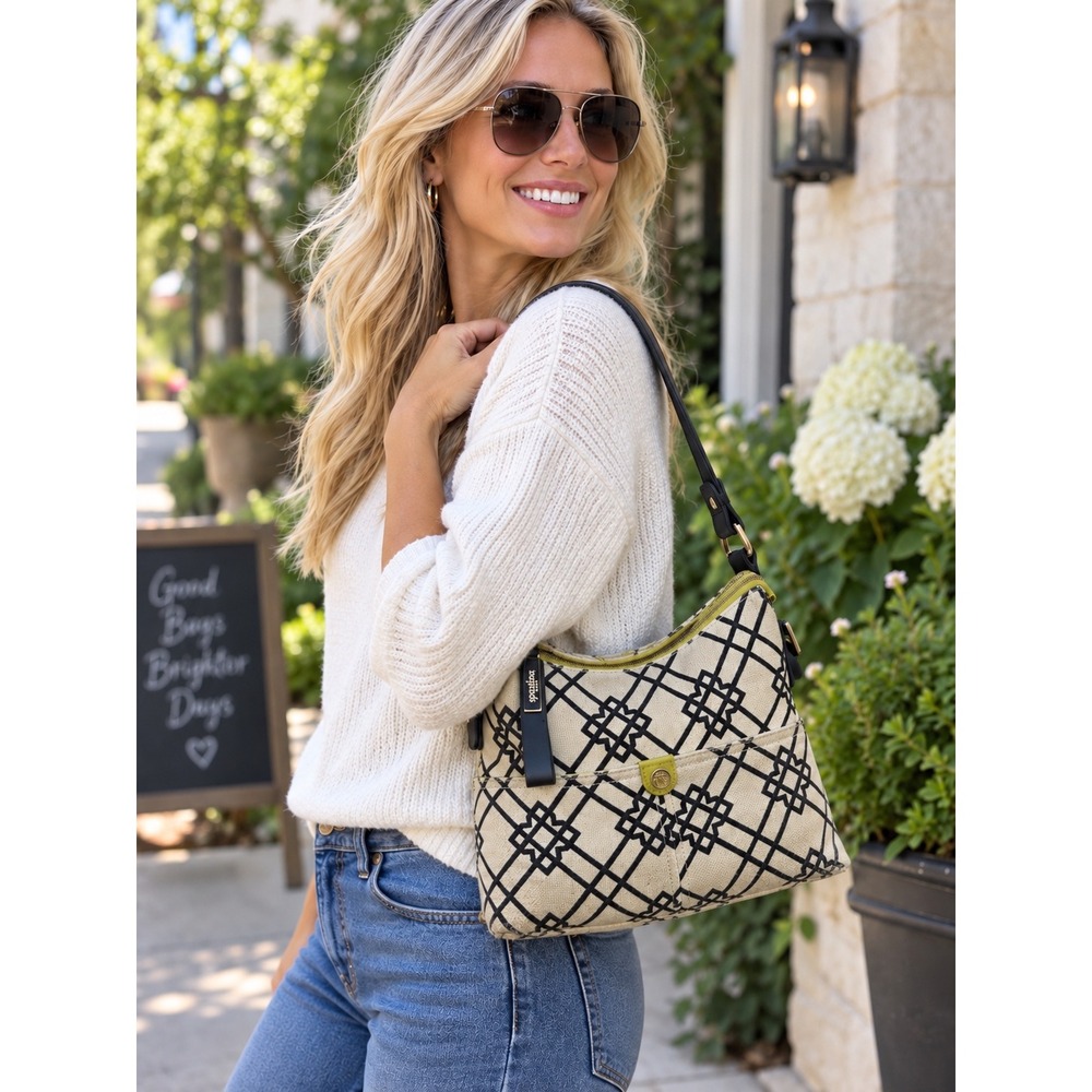 Spartina 449  Dixie Hobo Linen Leather Shoulder Bag Black Cream Lime Geometric